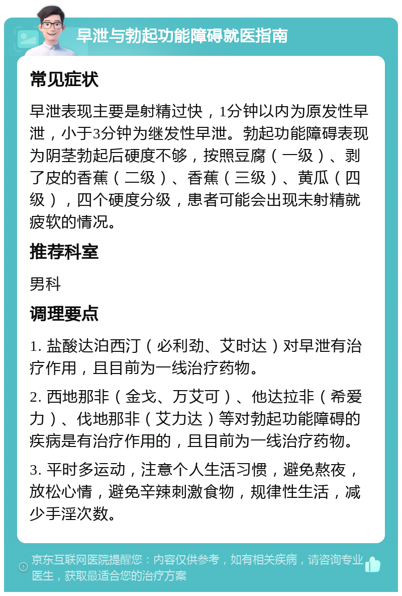 早泄与勃起功能障碍就医指南 常见症状 早泄表现主要是射精过快，1分钟以内为原发性早泄，小于3分钟为继发性早泄。勃起功能障碍表现为阴茎勃起后硬度不够，按照豆腐（一级）、剥了皮的香蕉（二级）、香蕉（三级）、黄瓜（四级），四个硬度分级，患者可能会出现未射精就疲软的情况。 推荐科室 男科 调理要点 1. 盐酸达泊西汀（必利劲、艾时达）对早泄有治疗作用，且目前为一线治疗药物。 2. 西地那非（金戈、万艾可）、他达拉非（希爱力）、伐地那非（艾力达）等对勃起功能障碍的疾病是有治疗作用的，且目前为一线治疗药物。 3. 平时多运动，注意个人生活习惯，避免熬夜，放松心情，避免辛辣刺激食物，规律性生活，减少手淫次数。