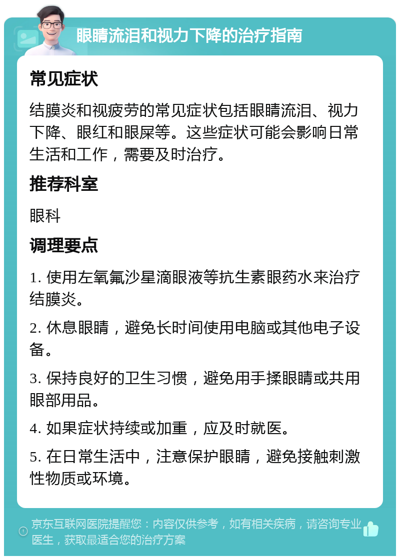 眼睛流泪和视力下降的治疗指南 常见症状 结膜炎和视疲劳的常见症状包括眼睛流泪、视力下降、眼红和眼屎等。这些症状可能会影响日常生活和工作，需要及时治疗。 推荐科室 眼科 调理要点 1. 使用左氧氟沙星滴眼液等抗生素眼药水来治疗结膜炎。 2. 休息眼睛，避免长时间使用电脑或其他电子设备。 3. 保持良好的卫生习惯，避免用手揉眼睛或共用眼部用品。 4. 如果症状持续或加重，应及时就医。 5. 在日常生活中，注意保护眼睛，避免接触刺激性物质或环境。