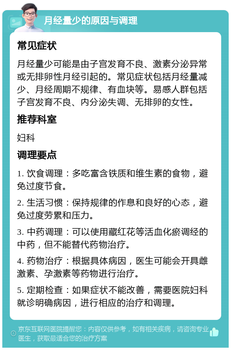 月经量少的原因与调理 常见症状 月经量少可能是由子宫发育不良、激素分泌异常或无排卵性月经引起的。常见症状包括月经量减少、月经周期不规律、有血块等。易感人群包括子宫发育不良、内分泌失调、无排卵的女性。 推荐科室 妇科 调理要点 1. 饮食调理：多吃富含铁质和维生素的食物，避免过度节食。 2. 生活习惯：保持规律的作息和良好的心态，避免过度劳累和压力。 3. 中药调理：可以使用藏红花等活血化瘀调经的中药，但不能替代药物治疗。 4. 药物治疗：根据具体病因，医生可能会开具雌激素、孕激素等药物进行治疗。 5. 定期检查：如果症状不能改善，需要医院妇科就诊明确病因，进行相应的治疗和调理。