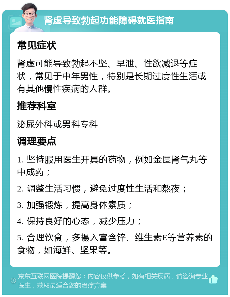 肾虚导致勃起功能障碍就医指南 常见症状 肾虚可能导致勃起不坚、早泄、性欲减退等症状，常见于中年男性，特别是长期过度性生活或有其他慢性疾病的人群。 推荐科室 泌尿外科或男科专科 调理要点 1. 坚持服用医生开具的药物，例如金匮肾气丸等中成药； 2. 调整生活习惯，避免过度性生活和熬夜； 3. 加强锻炼，提高身体素质； 4. 保持良好的心态，减少压力； 5. 合理饮食，多摄入富含锌、维生素E等营养素的食物，如海鲜、坚果等。