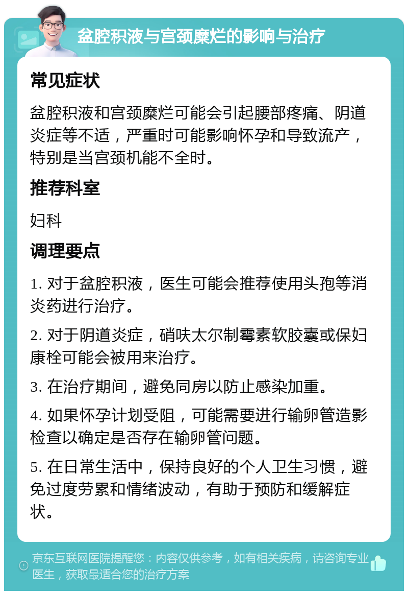 盆腔积液与宫颈糜烂的影响与治疗 常见症状 盆腔积液和宫颈糜烂可能会引起腰部疼痛、阴道炎症等不适，严重时可能影响怀孕和导致流产，特别是当宫颈机能不全时。 推荐科室 妇科 调理要点 1. 对于盆腔积液，医生可能会推荐使用头孢等消炎药进行治疗。 2. 对于阴道炎症，硝呋太尔制霉素软胶囊或保妇康栓可能会被用来治疗。 3. 在治疗期间，避免同房以防止感染加重。 4. 如果怀孕计划受阻，可能需要进行输卵管造影检查以确定是否存在输卵管问题。 5. 在日常生活中，保持良好的个人卫生习惯，避免过度劳累和情绪波动，有助于预防和缓解症状。