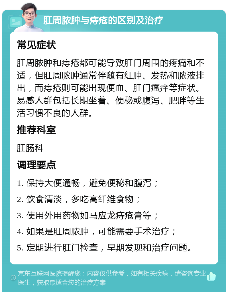 肛周脓肿与痔疮的区别及治疗 常见症状 肛周脓肿和痔疮都可能导致肛门周围的疼痛和不适，但肛周脓肿通常伴随有红肿、发热和脓液排出，而痔疮则可能出现便血、肛门瘙痒等症状。易感人群包括长期坐着、便秘或腹泻、肥胖等生活习惯不良的人群。 推荐科室 肛肠科 调理要点 1. 保持大便通畅，避免便秘和腹泻； 2. 饮食清淡，多吃高纤维食物； 3. 使用外用药物如马应龙痔疮膏等； 4. 如果是肛周脓肿，可能需要手术治疗； 5. 定期进行肛门检查，早期发现和治疗问题。