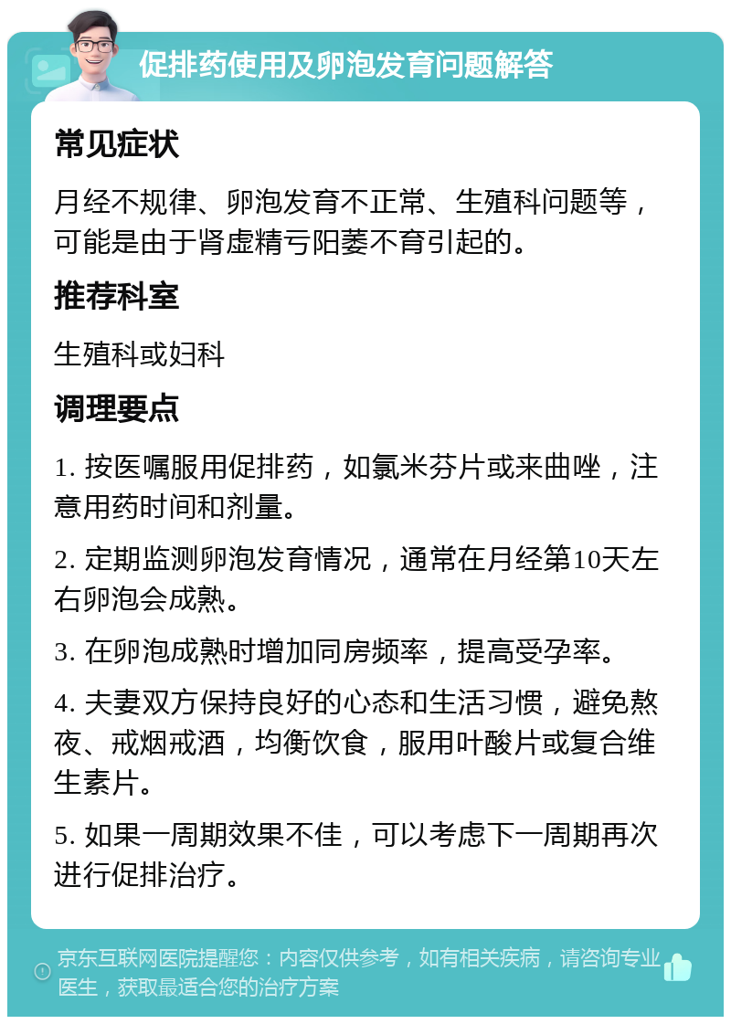 促排药使用及卵泡发育问题解答 常见症状 月经不规律、卵泡发育不正常、生殖科问题等，可能是由于肾虚精亏阳萎不育引起的。 推荐科室 生殖科或妇科 调理要点 1. 按医嘱服用促排药，如氯米芬片或来曲唑，注意用药时间和剂量。 2. 定期监测卵泡发育情况，通常在月经第10天左右卵泡会成熟。 3. 在卵泡成熟时增加同房频率，提高受孕率。 4. 夫妻双方保持良好的心态和生活习惯，避免熬夜、戒烟戒酒，均衡饮食，服用叶酸片或复合维生素片。 5. 如果一周期效果不佳，可以考虑下一周期再次进行促排治疗。