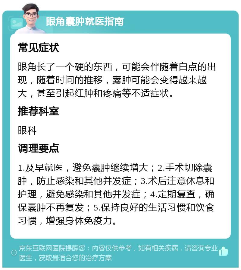 眼角囊肿就医指南 常见症状 眼角长了一个硬的东西，可能会伴随着白点的出现，随着时间的推移，囊肿可能会变得越来越大，甚至引起红肿和疼痛等不适症状。 推荐科室 眼科 调理要点 1.及早就医，避免囊肿继续增大；2.手术切除囊肿，防止感染和其他并发症；3.术后注意休息和护理，避免感染和其他并发症；4.定期复查，确保囊肿不再复发；5.保持良好的生活习惯和饮食习惯，增强身体免疫力。