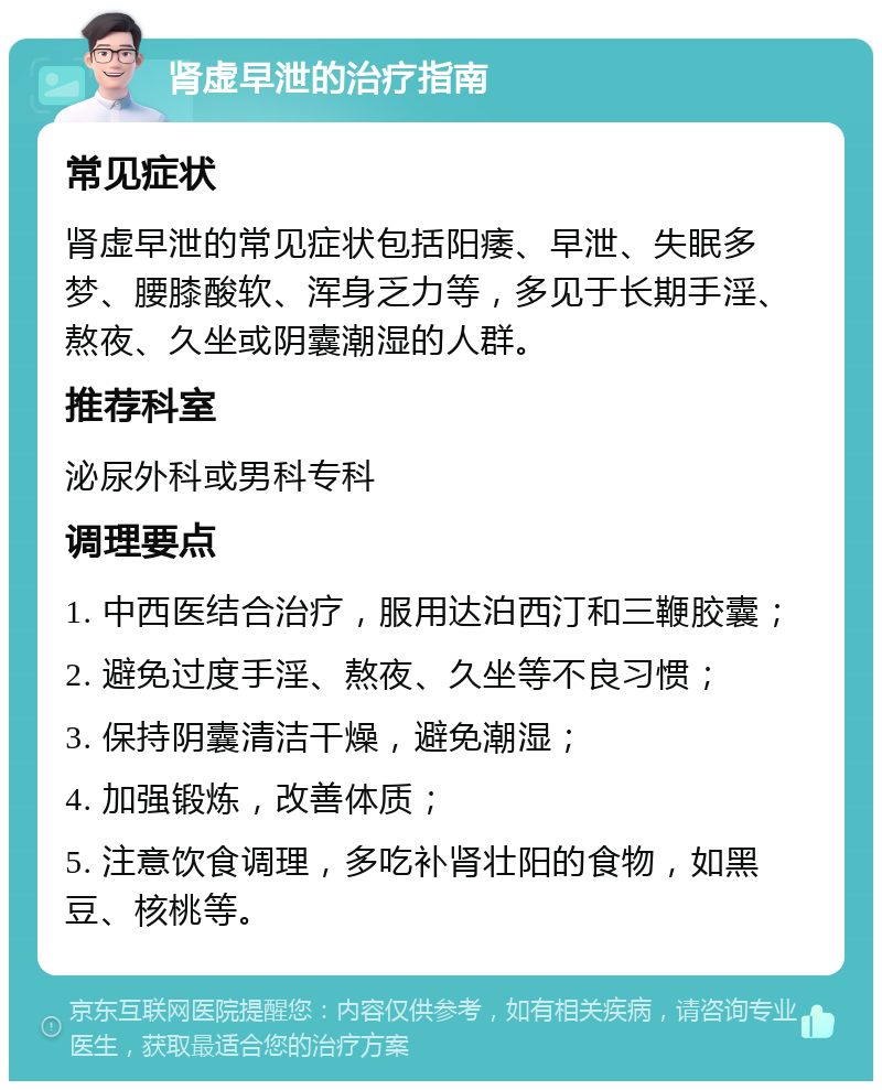 肾虚早泄的治疗指南 常见症状 肾虚早泄的常见症状包括阳痿、早泄、失眠多梦、腰膝酸软、浑身乏力等，多见于长期手淫、熬夜、久坐或阴囊潮湿的人群。 推荐科室 泌尿外科或男科专科 调理要点 1. 中西医结合治疗，服用达泊西汀和三鞭胶囊； 2. 避免过度手淫、熬夜、久坐等不良习惯； 3. 保持阴囊清洁干燥，避免潮湿； 4. 加强锻炼，改善体质； 5. 注意饮食调理，多吃补肾壮阳的食物，如黑豆、核桃等。