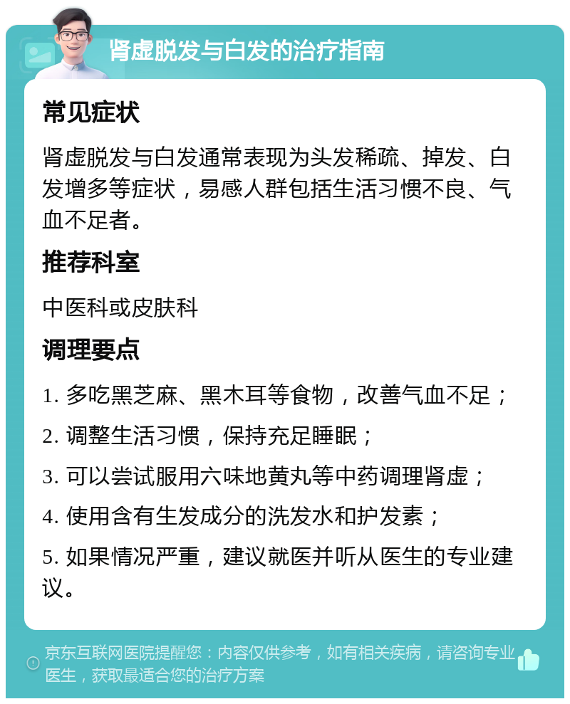 肾虚脱发与白发的治疗指南 常见症状 肾虚脱发与白发通常表现为头发稀疏、掉发、白发增多等症状，易感人群包括生活习惯不良、气血不足者。 推荐科室 中医科或皮肤科 调理要点 1. 多吃黑芝麻、黑木耳等食物，改善气血不足； 2. 调整生活习惯，保持充足睡眠； 3. 可以尝试服用六味地黄丸等中药调理肾虚； 4. 使用含有生发成分的洗发水和护发素； 5. 如果情况严重，建议就医并听从医生的专业建议。