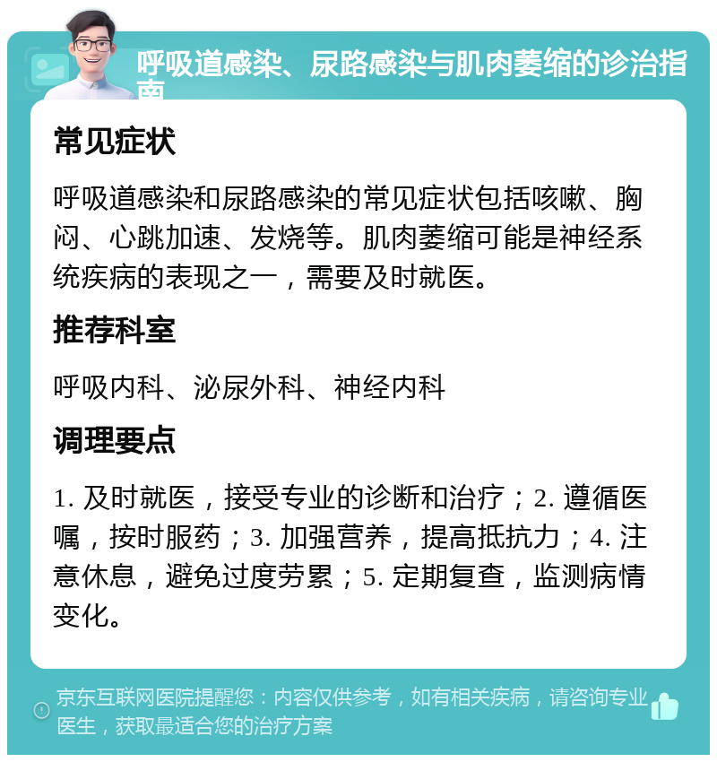 呼吸道感染、尿路感染与肌肉萎缩的诊治指南 常见症状 呼吸道感染和尿路感染的常见症状包括咳嗽、胸闷、心跳加速、发烧等。肌肉萎缩可能是神经系统疾病的表现之一，需要及时就医。 推荐科室 呼吸内科、泌尿外科、神经内科 调理要点 1. 及时就医，接受专业的诊断和治疗；2. 遵循医嘱，按时服药；3. 加强营养，提高抵抗力；4. 注意休息，避免过度劳累；5. 定期复查，监测病情变化。