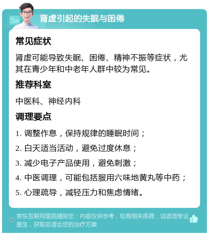 肾虚引起的失眠与困倦 常见症状 肾虚可能导致失眠、困倦、精神不振等症状，尤其在青少年和中老年人群中较为常见。 推荐科室 中医科、神经内科 调理要点 1. 调整作息，保持规律的睡眠时间； 2. 白天适当活动，避免过度休息； 3. 减少电子产品使用，避免刺激； 4. 中医调理，可能包括服用六味地黄丸等中药； 5. 心理疏导，减轻压力和焦虑情绪。