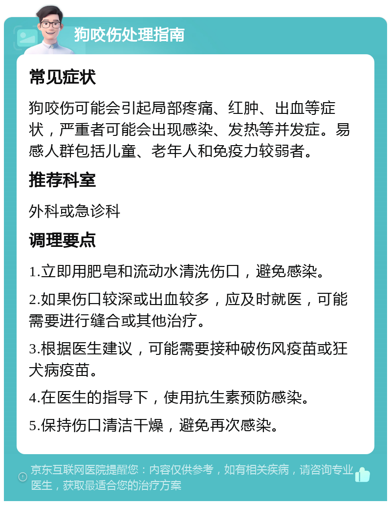 狗咬伤处理指南 常见症状 狗咬伤可能会引起局部疼痛、红肿、出血等症状，严重者可能会出现感染、发热等并发症。易感人群包括儿童、老年人和免疫力较弱者。 推荐科室 外科或急诊科 调理要点 1.立即用肥皂和流动水清洗伤口，避免感染。 2.如果伤口较深或出血较多，应及时就医，可能需要进行缝合或其他治疗。 3.根据医生建议，可能需要接种破伤风疫苗或狂犬病疫苗。 4.在医生的指导下，使用抗生素预防感染。 5.保持伤口清洁干燥，避免再次感染。