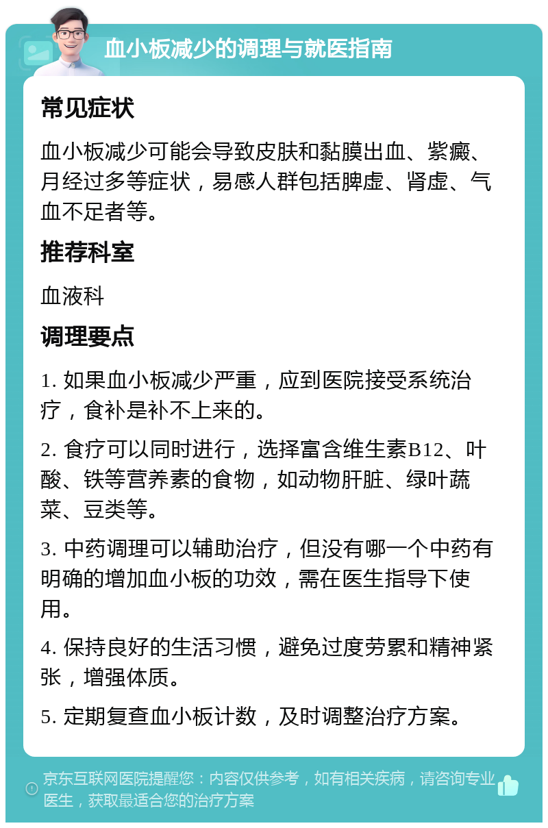 血小板减少的调理与就医指南 常见症状 血小板减少可能会导致皮肤和黏膜出血、紫癜、月经过多等症状，易感人群包括脾虚、肾虚、气血不足者等。 推荐科室 血液科 调理要点 1. 如果血小板减少严重，应到医院接受系统治疗，食补是补不上来的。 2. 食疗可以同时进行，选择富含维生素B12、叶酸、铁等营养素的食物，如动物肝脏、绿叶蔬菜、豆类等。 3. 中药调理可以辅助治疗，但没有哪一个中药有明确的增加血小板的功效，需在医生指导下使用。 4. 保持良好的生活习惯，避免过度劳累和精神紧张，增强体质。 5. 定期复查血小板计数，及时调整治疗方案。