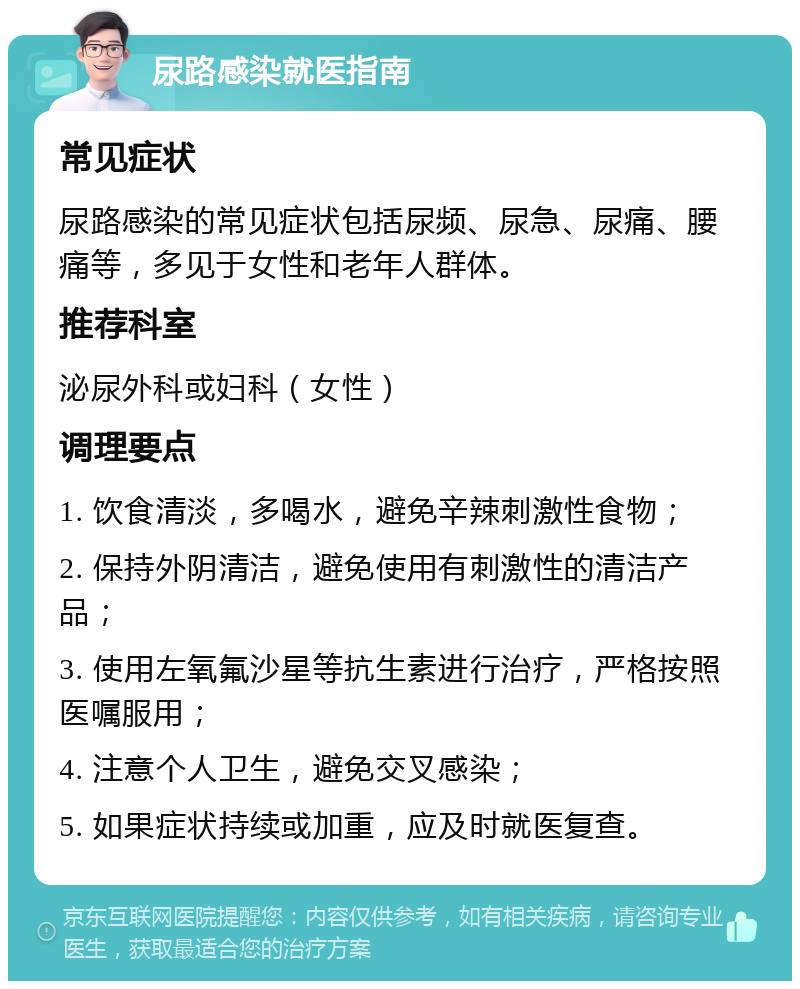 尿路感染就医指南 常见症状 尿路感染的常见症状包括尿频、尿急、尿痛、腰痛等，多见于女性和老年人群体。 推荐科室 泌尿外科或妇科（女性） 调理要点 1. 饮食清淡，多喝水，避免辛辣刺激性食物； 2. 保持外阴清洁，避免使用有刺激性的清洁产品； 3. 使用左氧氟沙星等抗生素进行治疗，严格按照医嘱服用； 4. 注意个人卫生，避免交叉感染； 5. 如果症状持续或加重，应及时就医复查。