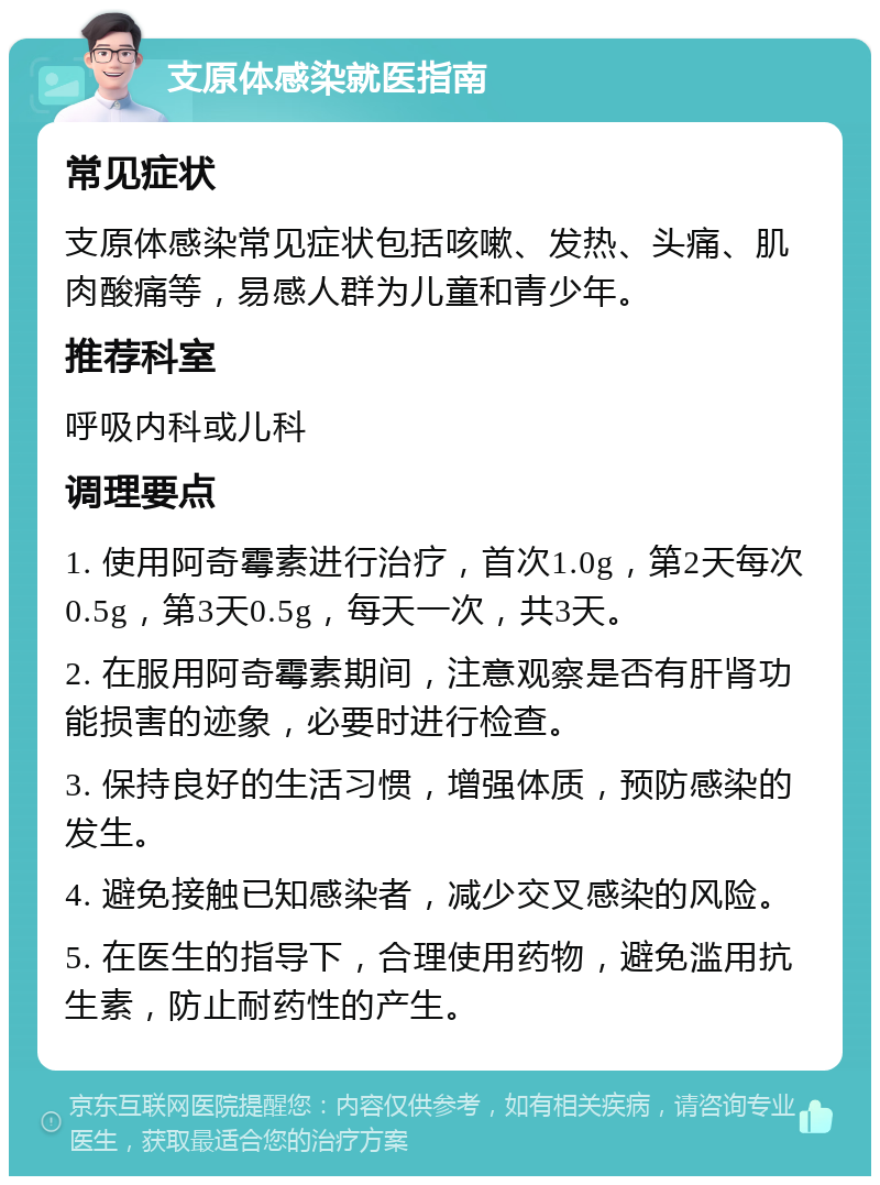 支原体感染就医指南 常见症状 支原体感染常见症状包括咳嗽、发热、头痛、肌肉酸痛等，易感人群为儿童和青少年。 推荐科室 呼吸内科或儿科 调理要点 1. 使用阿奇霉素进行治疗，首次1.0g，第2天每次0.5g，第3天0.5g，每天一次，共3天。 2. 在服用阿奇霉素期间，注意观察是否有肝肾功能损害的迹象，必要时进行检查。 3. 保持良好的生活习惯，增强体质，预防感染的发生。 4. 避免接触已知感染者，减少交叉感染的风险。 5. 在医生的指导下，合理使用药物，避免滥用抗生素，防止耐药性的产生。