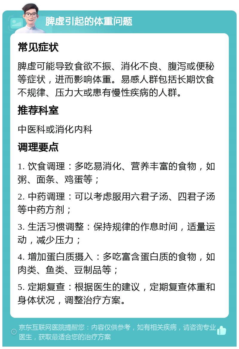 脾虚引起的体重问题 常见症状 脾虚可能导致食欲不振、消化不良、腹泻或便秘等症状，进而影响体重。易感人群包括长期饮食不规律、压力大或患有慢性疾病的人群。 推荐科室 中医科或消化内科 调理要点 1. 饮食调理：多吃易消化、营养丰富的食物，如粥、面条、鸡蛋等； 2. 中药调理：可以考虑服用六君子汤、四君子汤等中药方剂； 3. 生活习惯调整：保持规律的作息时间，适量运动，减少压力； 4. 增加蛋白质摄入：多吃富含蛋白质的食物，如肉类、鱼类、豆制品等； 5. 定期复查：根据医生的建议，定期复查体重和身体状况，调整治疗方案。