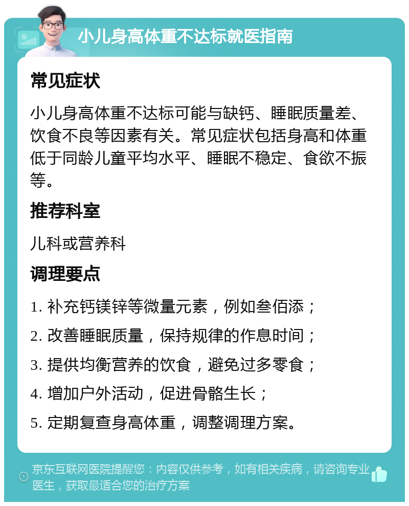 小儿身高体重不达标就医指南 常见症状 小儿身高体重不达标可能与缺钙、睡眠质量差、饮食不良等因素有关。常见症状包括身高和体重低于同龄儿童平均水平、睡眠不稳定、食欲不振等。 推荐科室 儿科或营养科 调理要点 1. 补充钙镁锌等微量元素，例如叁佰添； 2. 改善睡眠质量，保持规律的作息时间； 3. 提供均衡营养的饮食，避免过多零食； 4. 增加户外活动，促进骨骼生长； 5. 定期复查身高体重，调整调理方案。