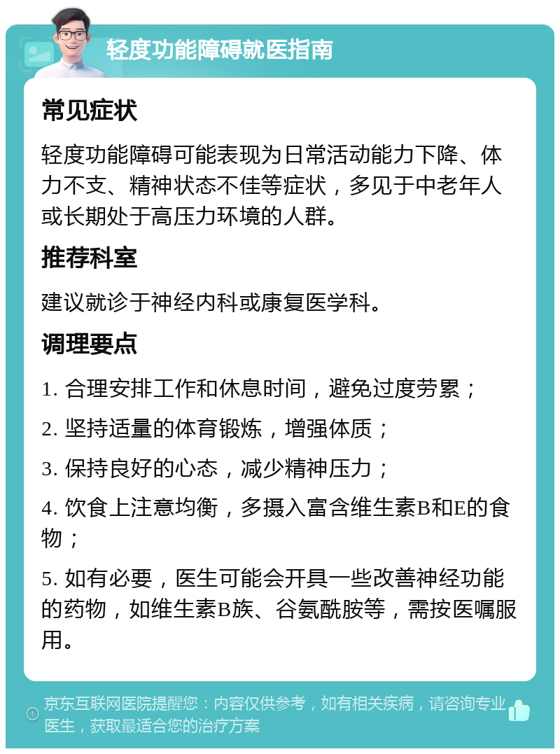 轻度功能障碍就医指南 常见症状 轻度功能障碍可能表现为日常活动能力下降、体力不支、精神状态不佳等症状，多见于中老年人或长期处于高压力环境的人群。 推荐科室 建议就诊于神经内科或康复医学科。 调理要点 1. 合理安排工作和休息时间，避免过度劳累； 2. 坚持适量的体育锻炼，增强体质； 3. 保持良好的心态，减少精神压力； 4. 饮食上注意均衡，多摄入富含维生素B和E的食物； 5. 如有必要，医生可能会开具一些改善神经功能的药物，如维生素B族、谷氨酰胺等，需按医嘱服用。