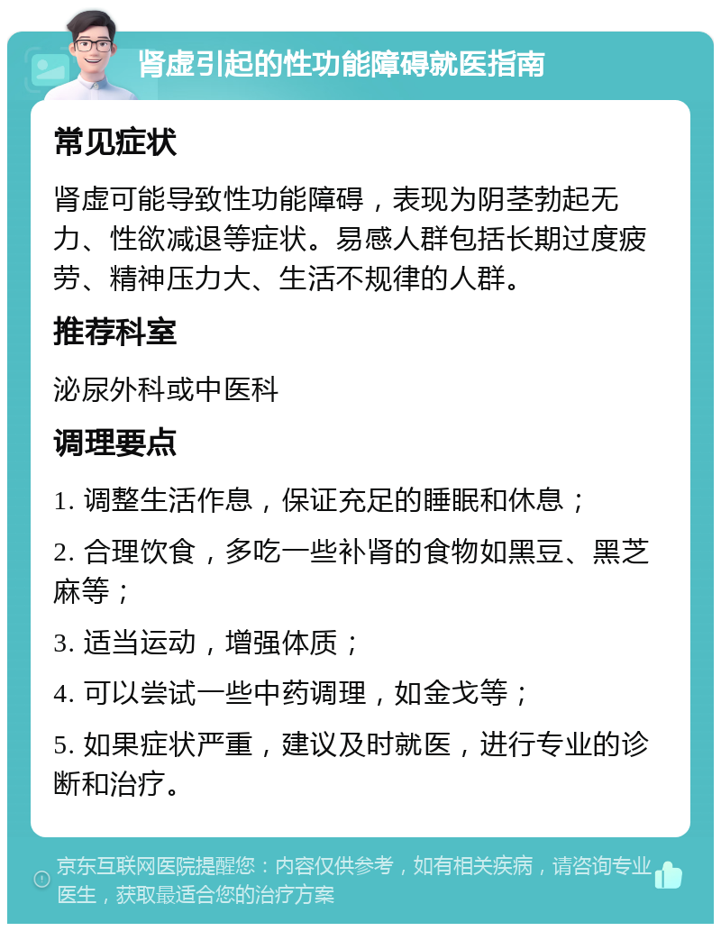 肾虚引起的性功能障碍就医指南 常见症状 肾虚可能导致性功能障碍，表现为阴茎勃起无力、性欲减退等症状。易感人群包括长期过度疲劳、精神压力大、生活不规律的人群。 推荐科室 泌尿外科或中医科 调理要点 1. 调整生活作息，保证充足的睡眠和休息； 2. 合理饮食，多吃一些补肾的食物如黑豆、黑芝麻等； 3. 适当运动，增强体质； 4. 可以尝试一些中药调理，如金戈等； 5. 如果症状严重，建议及时就医，进行专业的诊断和治疗。