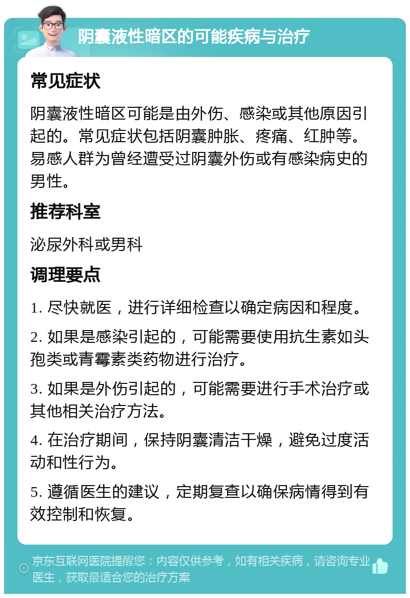 阴囊液性暗区的可能疾病与治疗 常见症状 阴囊液性暗区可能是由外伤、感染或其他原因引起的。常见症状包括阴囊肿胀、疼痛、红肿等。易感人群为曾经遭受过阴囊外伤或有感染病史的男性。 推荐科室 泌尿外科或男科 调理要点 1. 尽快就医，进行详细检查以确定病因和程度。 2. 如果是感染引起的，可能需要使用抗生素如头孢类或青霉素类药物进行治疗。 3. 如果是外伤引起的，可能需要进行手术治疗或其他相关治疗方法。 4. 在治疗期间，保持阴囊清洁干燥，避免过度活动和性行为。 5. 遵循医生的建议，定期复查以确保病情得到有效控制和恢复。