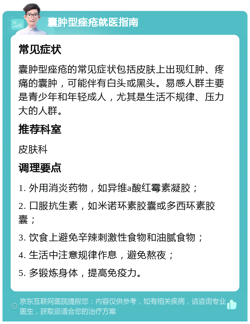 囊肿型痤疮就医指南 常见症状 囊肿型痤疮的常见症状包括皮肤上出现红肿、疼痛的囊肿，可能伴有白头或黑头。易感人群主要是青少年和年轻成人，尤其是生活不规律、压力大的人群。 推荐科室 皮肤科 调理要点 1. 外用消炎药物，如异维a酸红霉素凝胶； 2. 口服抗生素，如米诺环素胶囊或多西环素胶囊； 3. 饮食上避免辛辣刺激性食物和油腻食物； 4. 生活中注意规律作息，避免熬夜； 5. 多锻炼身体，提高免疫力。