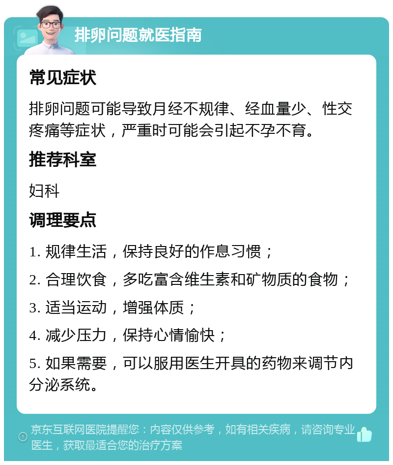 排卵问题就医指南 常见症状 排卵问题可能导致月经不规律、经血量少、性交疼痛等症状，严重时可能会引起不孕不育。 推荐科室 妇科 调理要点 1. 规律生活，保持良好的作息习惯； 2. 合理饮食，多吃富含维生素和矿物质的食物； 3. 适当运动，增强体质； 4. 减少压力，保持心情愉快； 5. 如果需要，可以服用医生开具的药物来调节内分泌系统。