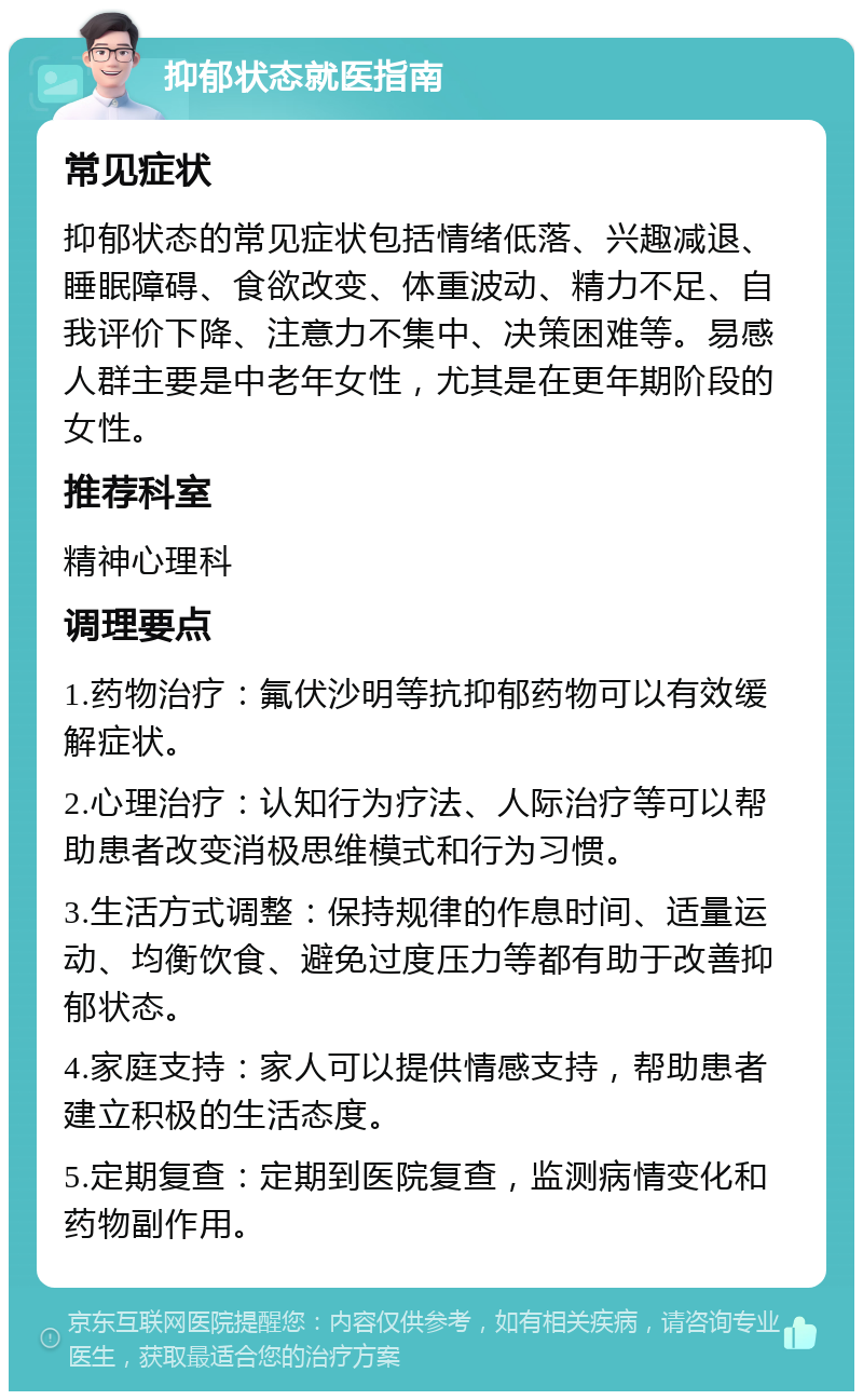 抑郁状态就医指南 常见症状 抑郁状态的常见症状包括情绪低落、兴趣减退、睡眠障碍、食欲改变、体重波动、精力不足、自我评价下降、注意力不集中、决策困难等。易感人群主要是中老年女性，尤其是在更年期阶段的女性。 推荐科室 精神心理科 调理要点 1.药物治疗：氟伏沙明等抗抑郁药物可以有效缓解症状。 2.心理治疗：认知行为疗法、人际治疗等可以帮助患者改变消极思维模式和行为习惯。 3.生活方式调整：保持规律的作息时间、适量运动、均衡饮食、避免过度压力等都有助于改善抑郁状态。 4.家庭支持：家人可以提供情感支持，帮助患者建立积极的生活态度。 5.定期复查：定期到医院复查，监测病情变化和药物副作用。