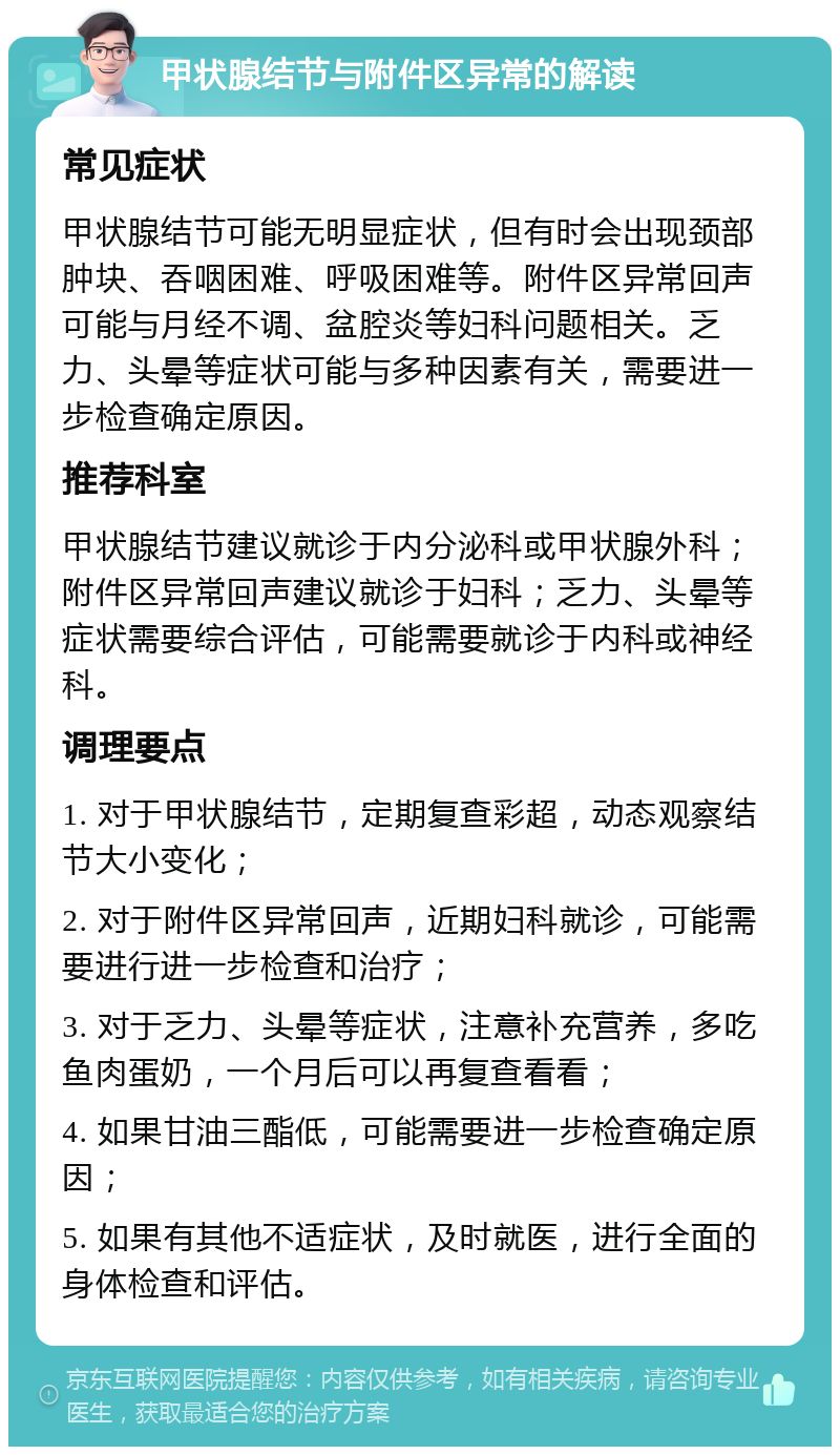 甲状腺结节与附件区异常的解读 常见症状 甲状腺结节可能无明显症状，但有时会出现颈部肿块、吞咽困难、呼吸困难等。附件区异常回声可能与月经不调、盆腔炎等妇科问题相关。乏力、头晕等症状可能与多种因素有关，需要进一步检查确定原因。 推荐科室 甲状腺结节建议就诊于内分泌科或甲状腺外科；附件区异常回声建议就诊于妇科；乏力、头晕等症状需要综合评估，可能需要就诊于内科或神经科。 调理要点 1. 对于甲状腺结节，定期复查彩超，动态观察结节大小变化； 2. 对于附件区异常回声，近期妇科就诊，可能需要进行进一步检查和治疗； 3. 对于乏力、头晕等症状，注意补充营养，多吃鱼肉蛋奶，一个月后可以再复查看看； 4. 如果甘油三酯低，可能需要进一步检查确定原因； 5. 如果有其他不适症状，及时就医，进行全面的身体检查和评估。