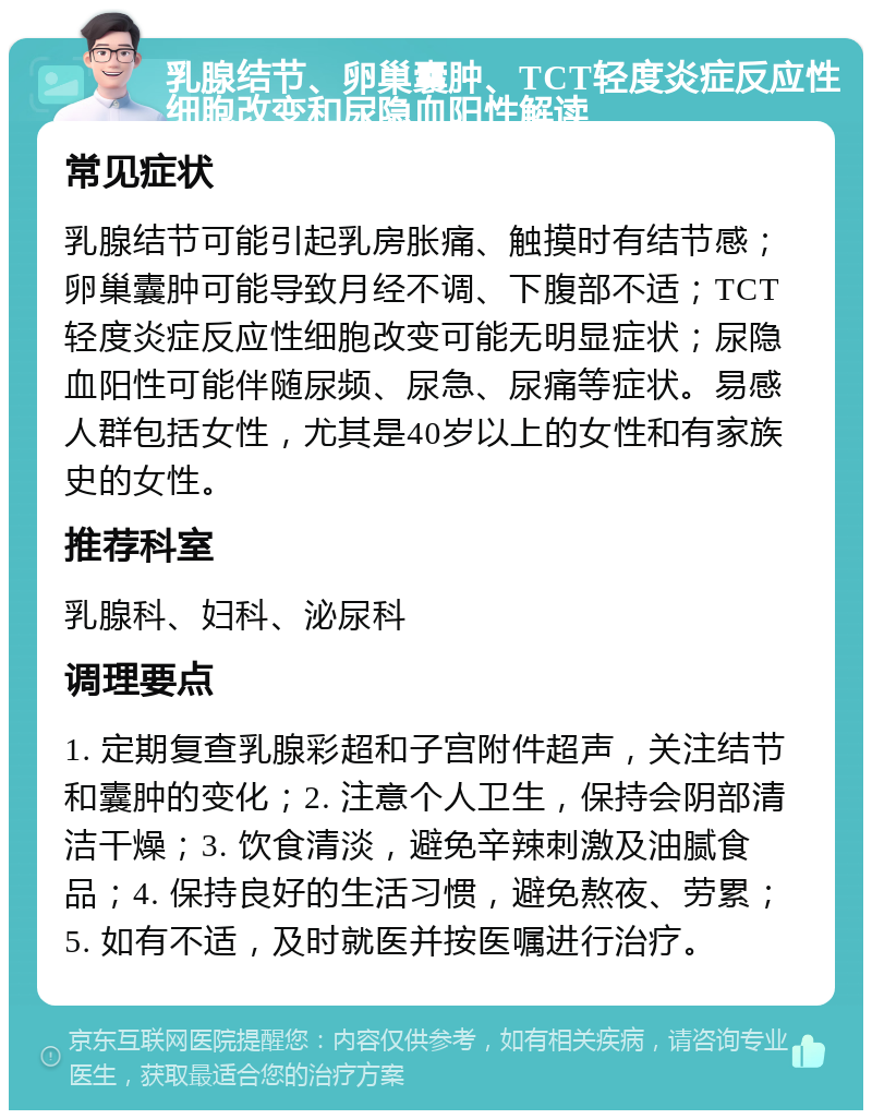 乳腺结节、卵巢囊肿、TCT轻度炎症反应性细胞改变和尿隐血阳性解读 常见症状 乳腺结节可能引起乳房胀痛、触摸时有结节感；卵巢囊肿可能导致月经不调、下腹部不适；TCT轻度炎症反应性细胞改变可能无明显症状；尿隐血阳性可能伴随尿频、尿急、尿痛等症状。易感人群包括女性，尤其是40岁以上的女性和有家族史的女性。 推荐科室 乳腺科、妇科、泌尿科 调理要点 1. 定期复查乳腺彩超和子宫附件超声，关注结节和囊肿的变化；2. 注意个人卫生，保持会阴部清洁干燥；3. 饮食清淡，避免辛辣刺激及油腻食品；4. 保持良好的生活习惯，避免熬夜、劳累；5. 如有不适，及时就医并按医嘱进行治疗。