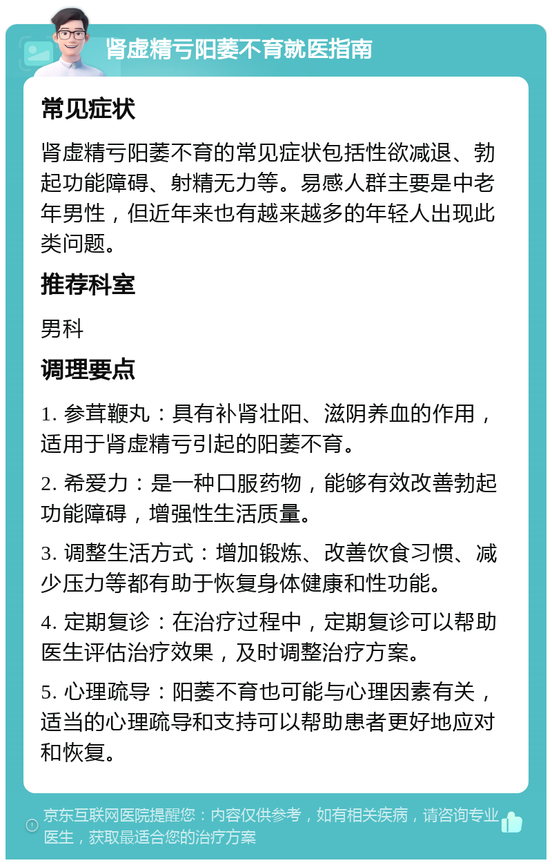 肾虚精亏阳萎不育就医指南 常见症状 肾虚精亏阳萎不育的常见症状包括性欲减退、勃起功能障碍、射精无力等。易感人群主要是中老年男性，但近年来也有越来越多的年轻人出现此类问题。 推荐科室 男科 调理要点 1. 参茸鞭丸：具有补肾壮阳、滋阴养血的作用，适用于肾虚精亏引起的阳萎不育。 2. 希爱力：是一种口服药物，能够有效改善勃起功能障碍，增强性生活质量。 3. 调整生活方式：增加锻炼、改善饮食习惯、减少压力等都有助于恢复身体健康和性功能。 4. 定期复诊：在治疗过程中，定期复诊可以帮助医生评估治疗效果，及时调整治疗方案。 5. 心理疏导：阳萎不育也可能与心理因素有关，适当的心理疏导和支持可以帮助患者更好地应对和恢复。