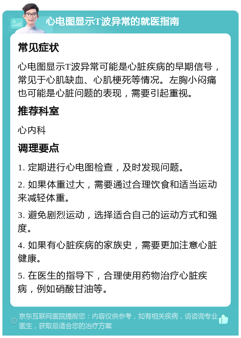 心电图显示T波异常的就医指南 常见症状 心电图显示T波异常可能是心脏疾病的早期信号，常见于心肌缺血、心肌梗死等情况。左胸小闷痛也可能是心脏问题的表现，需要引起重视。 推荐科室 心内科 调理要点 1. 定期进行心电图检查，及时发现问题。 2. 如果体重过大，需要通过合理饮食和适当运动来减轻体重。 3. 避免剧烈运动，选择适合自己的运动方式和强度。 4. 如果有心脏疾病的家族史，需要更加注意心脏健康。 5. 在医生的指导下，合理使用药物治疗心脏疾病，例如硝酸甘油等。