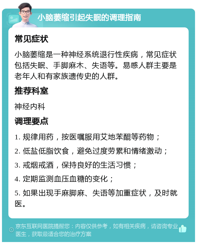 小脑萎缩引起失眠的调理指南 常见症状 小脑萎缩是一种神经系统退行性疾病，常见症状包括失眠、手脚麻木、失语等。易感人群主要是老年人和有家族遗传史的人群。 推荐科室 神经内科 调理要点 1. 规律用药，按医嘱服用艾地苯醌等药物； 2. 低盐低脂饮食，避免过度劳累和情绪激动； 3. 戒烟戒酒，保持良好的生活习惯； 4. 定期监测血压血糖的变化； 5. 如果出现手麻脚麻、失语等加重症状，及时就医。