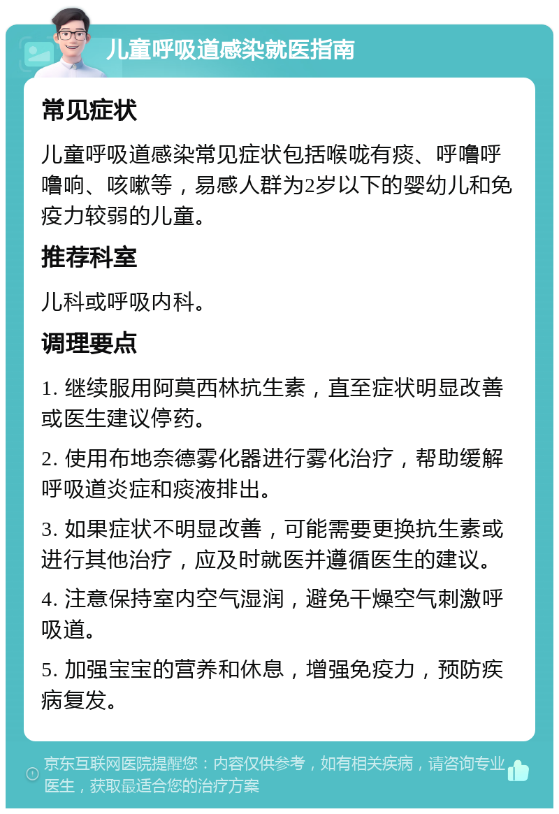 儿童呼吸道感染就医指南 常见症状 儿童呼吸道感染常见症状包括喉咙有痰、呼噜呼噜响、咳嗽等，易感人群为2岁以下的婴幼儿和免疫力较弱的儿童。 推荐科室 儿科或呼吸内科。 调理要点 1. 继续服用阿莫西林抗生素，直至症状明显改善或医生建议停药。 2. 使用布地奈德雾化器进行雾化治疗，帮助缓解呼吸道炎症和痰液排出。 3. 如果症状不明显改善，可能需要更换抗生素或进行其他治疗，应及时就医并遵循医生的建议。 4. 注意保持室内空气湿润，避免干燥空气刺激呼吸道。 5. 加强宝宝的营养和休息，增强免疫力，预防疾病复发。