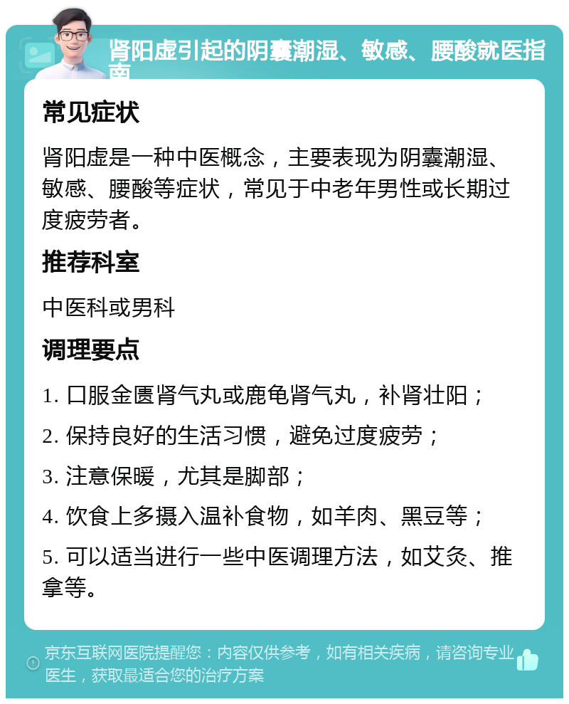 肾阳虚引起的阴囊潮湿、敏感、腰酸就医指南 常见症状 肾阳虚是一种中医概念，主要表现为阴囊潮湿、敏感、腰酸等症状，常见于中老年男性或长期过度疲劳者。 推荐科室 中医科或男科 调理要点 1. 口服金匮肾气丸或鹿龟肾气丸，补肾壮阳； 2. 保持良好的生活习惯，避免过度疲劳； 3. 注意保暖，尤其是脚部； 4. 饮食上多摄入温补食物，如羊肉、黑豆等； 5. 可以适当进行一些中医调理方法，如艾灸、推拿等。