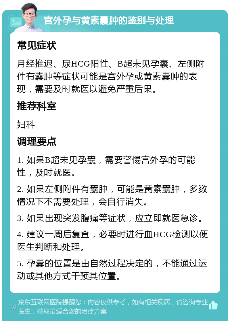 宫外孕与黄素囊肿的鉴别与处理 常见症状 月经推迟、尿HCG阳性、B超未见孕囊、左侧附件有囊肿等症状可能是宫外孕或黄素囊肿的表现，需要及时就医以避免严重后果。 推荐科室 妇科 调理要点 1. 如果B超未见孕囊，需要警惕宫外孕的可能性，及时就医。 2. 如果左侧附件有囊肿，可能是黄素囊肿，多数情况下不需要处理，会自行消失。 3. 如果出现突发腹痛等症状，应立即就医急诊。 4. 建议一周后复查，必要时进行血HCG检测以便医生判断和处理。 5. 孕囊的位置是由自然过程决定的，不能通过运动或其他方式干预其位置。