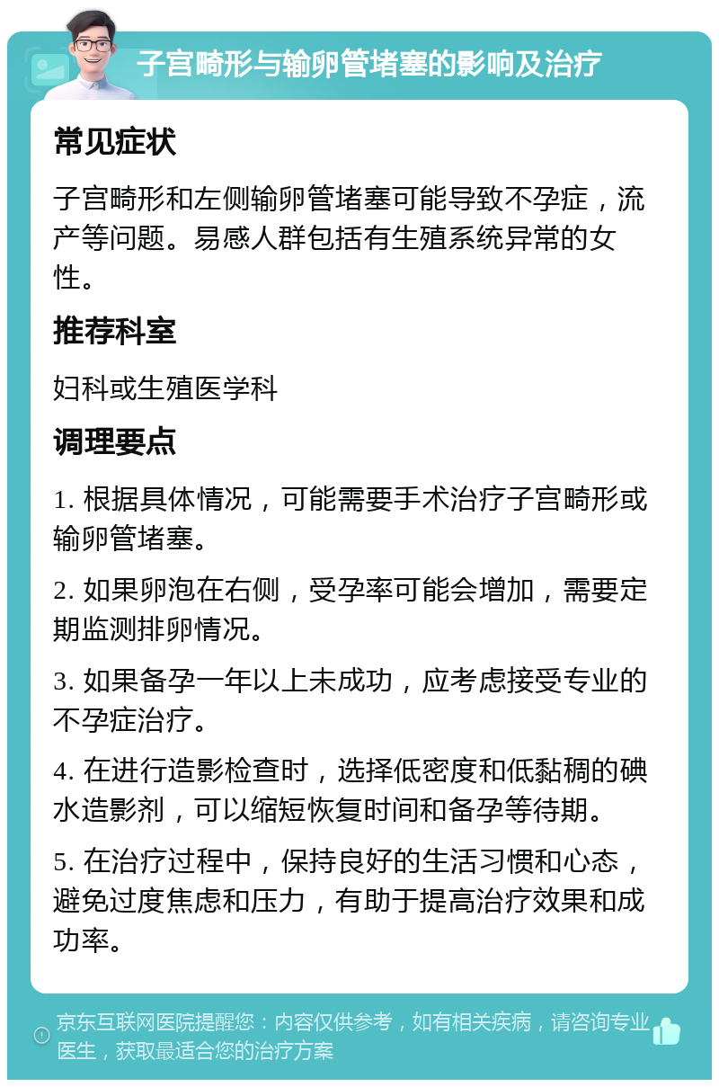 子宫畸形与输卵管堵塞的影响及治疗 常见症状 子宫畸形和左侧输卵管堵塞可能导致不孕症，流产等问题。易感人群包括有生殖系统异常的女性。 推荐科室 妇科或生殖医学科 调理要点 1. 根据具体情况，可能需要手术治疗子宫畸形或输卵管堵塞。 2. 如果卵泡在右侧，受孕率可能会增加，需要定期监测排卵情况。 3. 如果备孕一年以上未成功，应考虑接受专业的不孕症治疗。 4. 在进行造影检查时，选择低密度和低黏稠的碘水造影剂，可以缩短恢复时间和备孕等待期。 5. 在治疗过程中，保持良好的生活习惯和心态，避免过度焦虑和压力，有助于提高治疗效果和成功率。