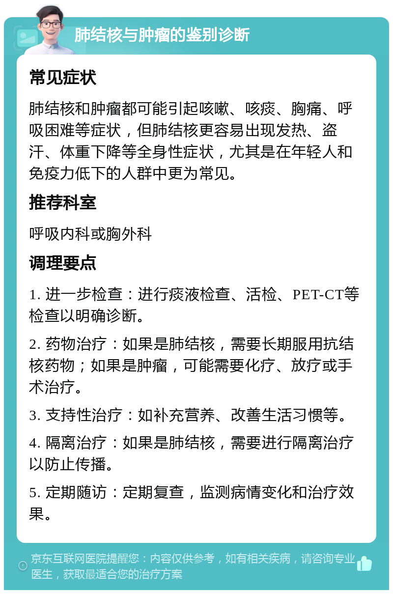 肺结核与肿瘤的鉴别诊断 常见症状 肺结核和肿瘤都可能引起咳嗽、咳痰、胸痛、呼吸困难等症状，但肺结核更容易出现发热、盗汗、体重下降等全身性症状，尤其是在年轻人和免疫力低下的人群中更为常见。 推荐科室 呼吸内科或胸外科 调理要点 1. 进一步检查：进行痰液检查、活检、PET-CT等检查以明确诊断。 2. 药物治疗：如果是肺结核，需要长期服用抗结核药物；如果是肿瘤，可能需要化疗、放疗或手术治疗。 3. 支持性治疗：如补充营养、改善生活习惯等。 4. 隔离治疗：如果是肺结核，需要进行隔离治疗以防止传播。 5. 定期随访：定期复查，监测病情变化和治疗效果。