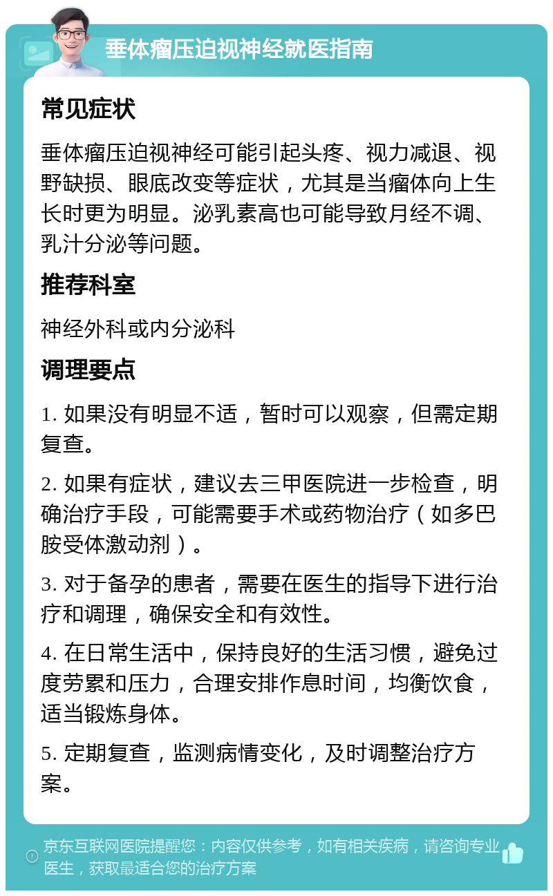 垂体瘤压迫视神经就医指南 常见症状 垂体瘤压迫视神经可能引起头疼、视力减退、视野缺损、眼底改变等症状，尤其是当瘤体向上生长时更为明显。泌乳素高也可能导致月经不调、乳汁分泌等问题。 推荐科室 神经外科或内分泌科 调理要点 1. 如果没有明显不适，暂时可以观察，但需定期复查。 2. 如果有症状，建议去三甲医院进一步检查，明确治疗手段，可能需要手术或药物治疗（如多巴胺受体激动剂）。 3. 对于备孕的患者，需要在医生的指导下进行治疗和调理，确保安全和有效性。 4. 在日常生活中，保持良好的生活习惯，避免过度劳累和压力，合理安排作息时间，均衡饮食，适当锻炼身体。 5. 定期复查，监测病情变化，及时调整治疗方案。