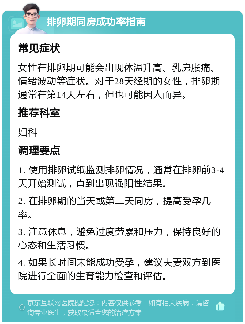 排卵期同房成功率指南 常见症状 女性在排卵期可能会出现体温升高、乳房胀痛、情绪波动等症状。对于28天经期的女性，排卵期通常在第14天左右，但也可能因人而异。 推荐科室 妇科 调理要点 1. 使用排卵试纸监测排卵情况，通常在排卵前3-4天开始测试，直到出现强阳性结果。 2. 在排卵期的当天或第二天同房，提高受孕几率。 3. 注意休息，避免过度劳累和压力，保持良好的心态和生活习惯。 4. 如果长时间未能成功受孕，建议夫妻双方到医院进行全面的生育能力检查和评估。