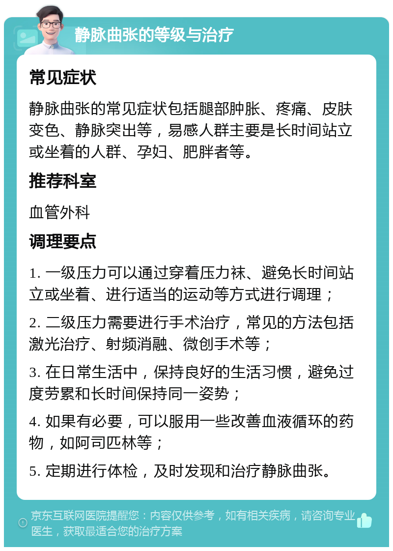 静脉曲张的等级与治疗 常见症状 静脉曲张的常见症状包括腿部肿胀、疼痛、皮肤变色、静脉突出等，易感人群主要是长时间站立或坐着的人群、孕妇、肥胖者等。 推荐科室 血管外科 调理要点 1. 一级压力可以通过穿着压力袜、避免长时间站立或坐着、进行适当的运动等方式进行调理； 2. 二级压力需要进行手术治疗，常见的方法包括激光治疗、射频消融、微创手术等； 3. 在日常生活中，保持良好的生活习惯，避免过度劳累和长时间保持同一姿势； 4. 如果有必要，可以服用一些改善血液循环的药物，如阿司匹林等； 5. 定期进行体检，及时发现和治疗静脉曲张。