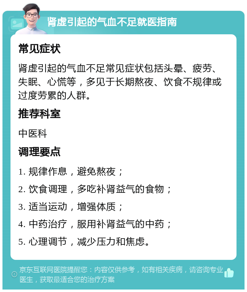 肾虚引起的气血不足就医指南 常见症状 肾虚引起的气血不足常见症状包括头晕、疲劳、失眠、心慌等，多见于长期熬夜、饮食不规律或过度劳累的人群。 推荐科室 中医科 调理要点 1. 规律作息，避免熬夜； 2. 饮食调理，多吃补肾益气的食物； 3. 适当运动，增强体质； 4. 中药治疗，服用补肾益气的中药； 5. 心理调节，减少压力和焦虑。