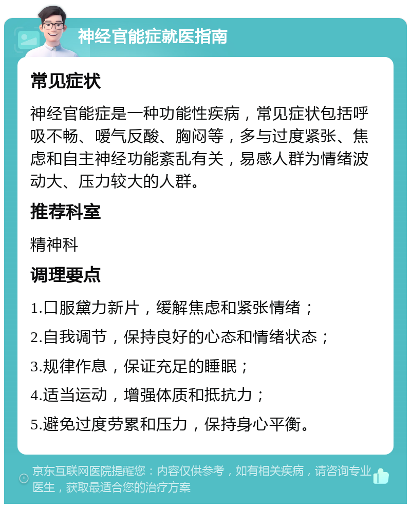 神经官能症就医指南 常见症状 神经官能症是一种功能性疾病，常见症状包括呼吸不畅、嗳气反酸、胸闷等，多与过度紧张、焦虑和自主神经功能紊乱有关，易感人群为情绪波动大、压力较大的人群。 推荐科室 精神科 调理要点 1.口服黛力新片，缓解焦虑和紧张情绪； 2.自我调节，保持良好的心态和情绪状态； 3.规律作息，保证充足的睡眠； 4.适当运动，增强体质和抵抗力； 5.避免过度劳累和压力，保持身心平衡。