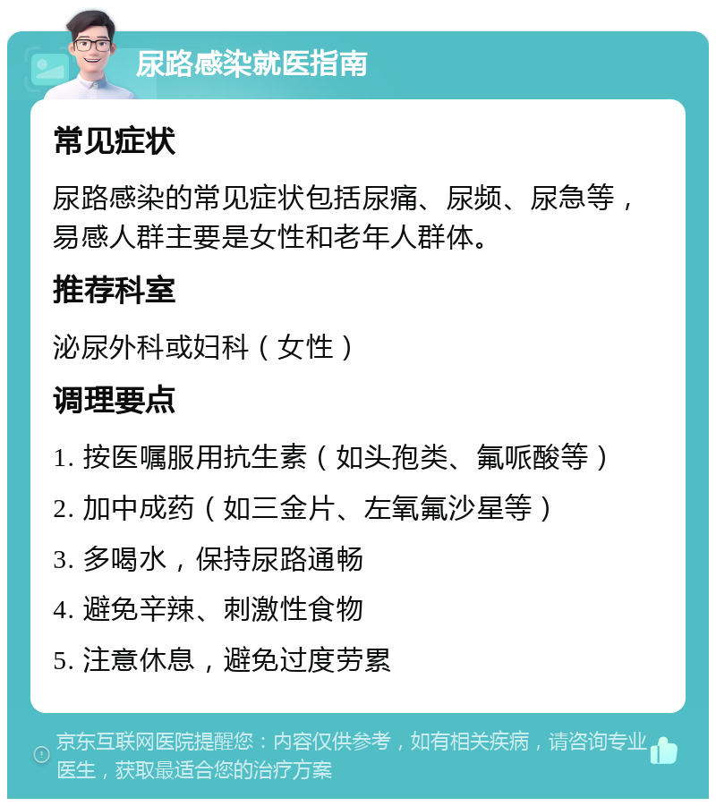 尿路感染就医指南 常见症状 尿路感染的常见症状包括尿痛、尿频、尿急等，易感人群主要是女性和老年人群体。 推荐科室 泌尿外科或妇科（女性） 调理要点 1. 按医嘱服用抗生素（如头孢类、氟哌酸等） 2. 加中成药（如三金片、左氧氟沙星等） 3. 多喝水，保持尿路通畅 4. 避免辛辣、刺激性食物 5. 注意休息，避免过度劳累