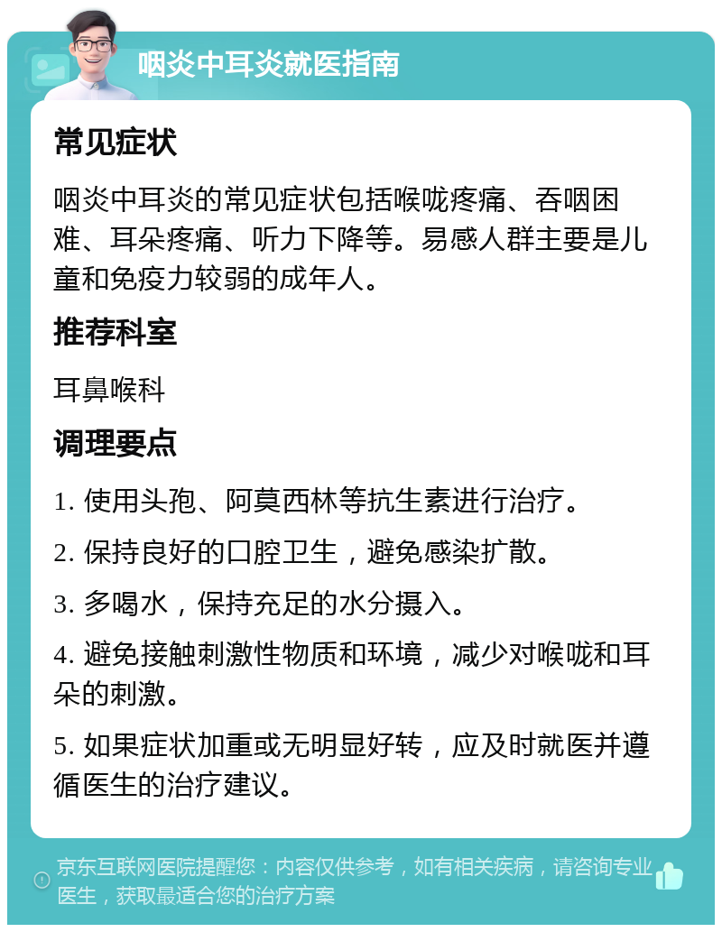 咽炎中耳炎就医指南 常见症状 咽炎中耳炎的常见症状包括喉咙疼痛、吞咽困难、耳朵疼痛、听力下降等。易感人群主要是儿童和免疫力较弱的成年人。 推荐科室 耳鼻喉科 调理要点 1. 使用头孢、阿莫西林等抗生素进行治疗。 2. 保持良好的口腔卫生，避免感染扩散。 3. 多喝水，保持充足的水分摄入。 4. 避免接触刺激性物质和环境，减少对喉咙和耳朵的刺激。 5. 如果症状加重或无明显好转，应及时就医并遵循医生的治疗建议。