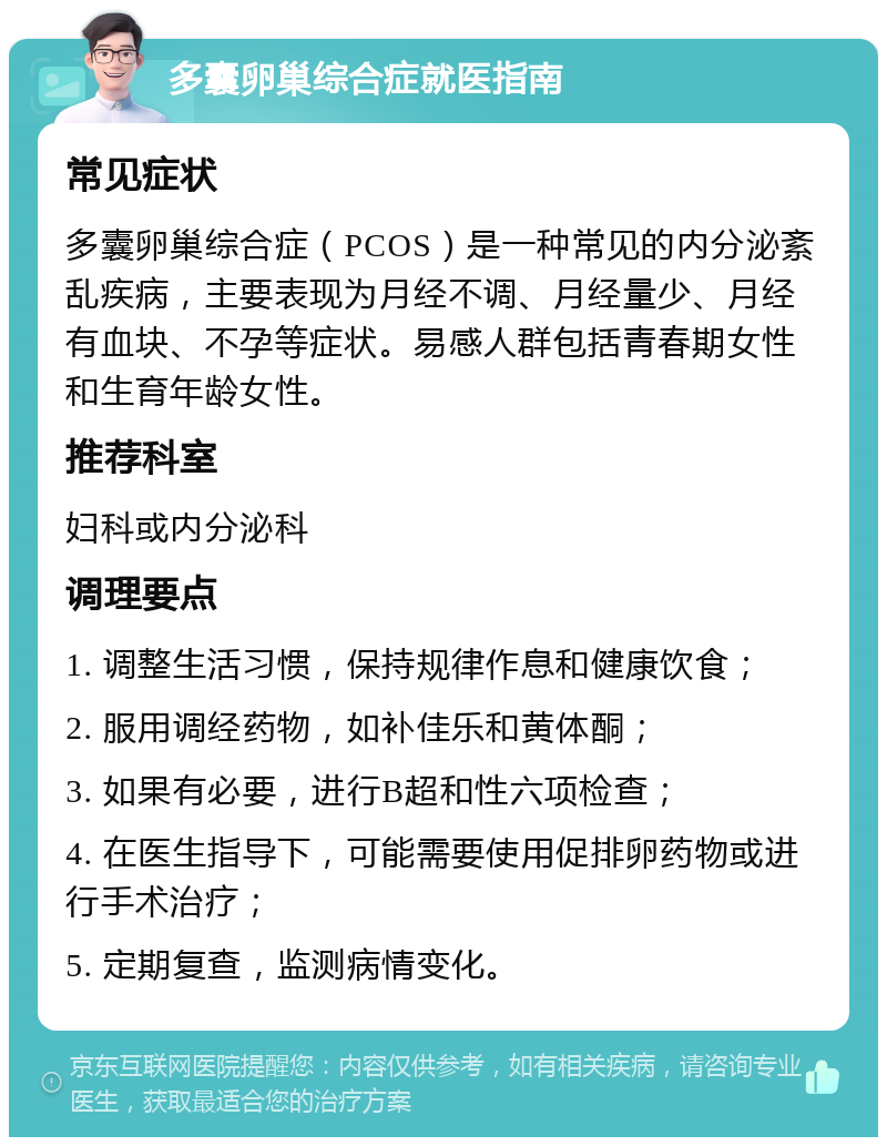 多囊卵巢综合症就医指南 常见症状 多囊卵巢综合症（PCOS）是一种常见的内分泌紊乱疾病，主要表现为月经不调、月经量少、月经有血块、不孕等症状。易感人群包括青春期女性和生育年龄女性。 推荐科室 妇科或内分泌科 调理要点 1. 调整生活习惯，保持规律作息和健康饮食； 2. 服用调经药物，如补佳乐和黄体酮； 3. 如果有必要，进行B超和性六项检查； 4. 在医生指导下，可能需要使用促排卵药物或进行手术治疗； 5. 定期复查，监测病情变化。