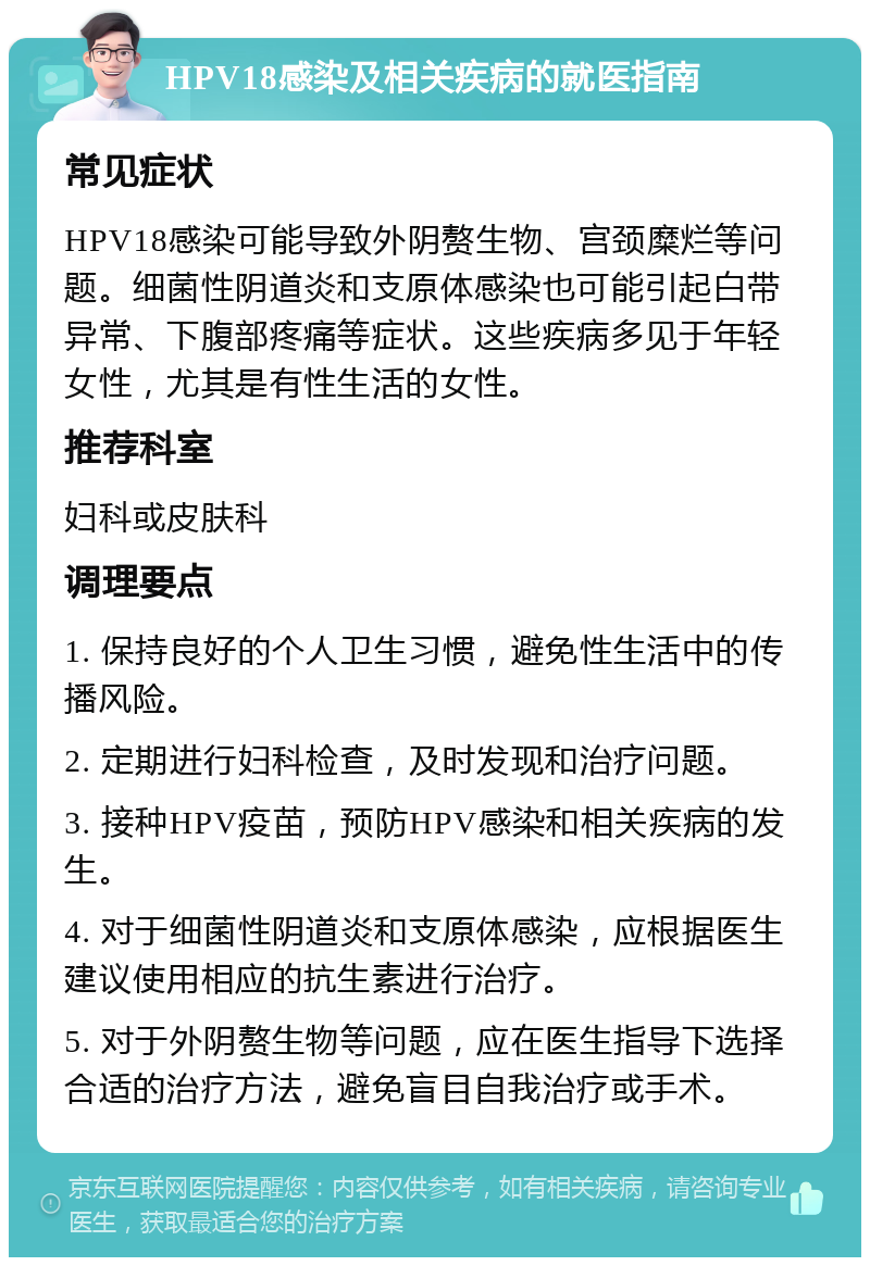 HPV18感染及相关疾病的就医指南 常见症状 HPV18感染可能导致外阴赘生物、宫颈糜烂等问题。细菌性阴道炎和支原体感染也可能引起白带异常、下腹部疼痛等症状。这些疾病多见于年轻女性，尤其是有性生活的女性。 推荐科室 妇科或皮肤科 调理要点 1. 保持良好的个人卫生习惯，避免性生活中的传播风险。 2. 定期进行妇科检查，及时发现和治疗问题。 3. 接种HPV疫苗，预防HPV感染和相关疾病的发生。 4. 对于细菌性阴道炎和支原体感染，应根据医生建议使用相应的抗生素进行治疗。 5. 对于外阴赘生物等问题，应在医生指导下选择合适的治疗方法，避免盲目自我治疗或手术。