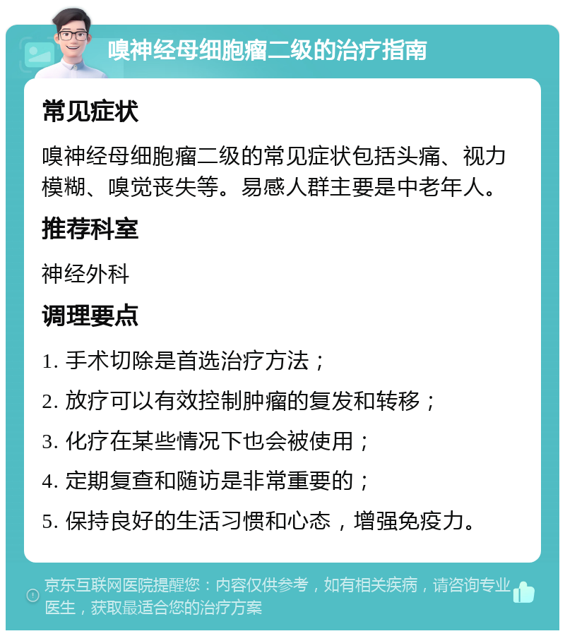 嗅神经母细胞瘤二级的治疗指南 常见症状 嗅神经母细胞瘤二级的常见症状包括头痛、视力模糊、嗅觉丧失等。易感人群主要是中老年人。 推荐科室 神经外科 调理要点 1. 手术切除是首选治疗方法； 2. 放疗可以有效控制肿瘤的复发和转移； 3. 化疗在某些情况下也会被使用； 4. 定期复查和随访是非常重要的； 5. 保持良好的生活习惯和心态，增强免疫力。