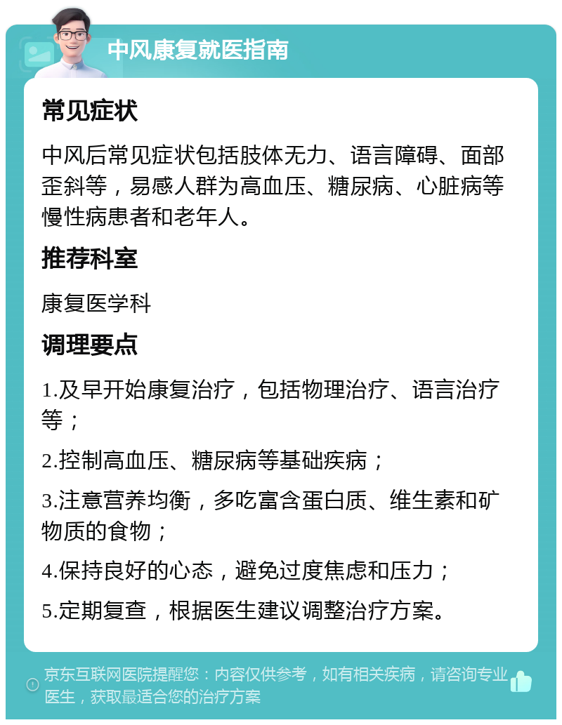 中风康复就医指南 常见症状 中风后常见症状包括肢体无力、语言障碍、面部歪斜等，易感人群为高血压、糖尿病、心脏病等慢性病患者和老年人。 推荐科室 康复医学科 调理要点 1.及早开始康复治疗，包括物理治疗、语言治疗等； 2.控制高血压、糖尿病等基础疾病； 3.注意营养均衡，多吃富含蛋白质、维生素和矿物质的食物； 4.保持良好的心态，避免过度焦虑和压力； 5.定期复查，根据医生建议调整治疗方案。