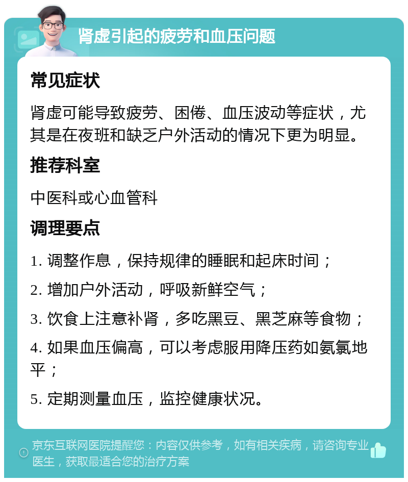 肾虚引起的疲劳和血压问题 常见症状 肾虚可能导致疲劳、困倦、血压波动等症状，尤其是在夜班和缺乏户外活动的情况下更为明显。 推荐科室 中医科或心血管科 调理要点 1. 调整作息，保持规律的睡眠和起床时间； 2. 增加户外活动，呼吸新鲜空气； 3. 饮食上注意补肾，多吃黑豆、黑芝麻等食物； 4. 如果血压偏高，可以考虑服用降压药如氨氯地平； 5. 定期测量血压，监控健康状况。