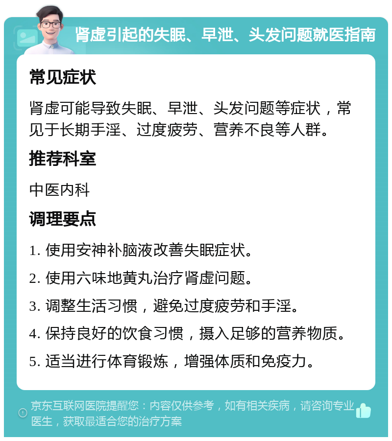 肾虚引起的失眠、早泄、头发问题就医指南 常见症状 肾虚可能导致失眠、早泄、头发问题等症状，常见于长期手淫、过度疲劳、营养不良等人群。 推荐科室 中医内科 调理要点 1. 使用安神补脑液改善失眠症状。 2. 使用六味地黄丸治疗肾虚问题。 3. 调整生活习惯，避免过度疲劳和手淫。 4. 保持良好的饮食习惯，摄入足够的营养物质。 5. 适当进行体育锻炼，增强体质和免疫力。