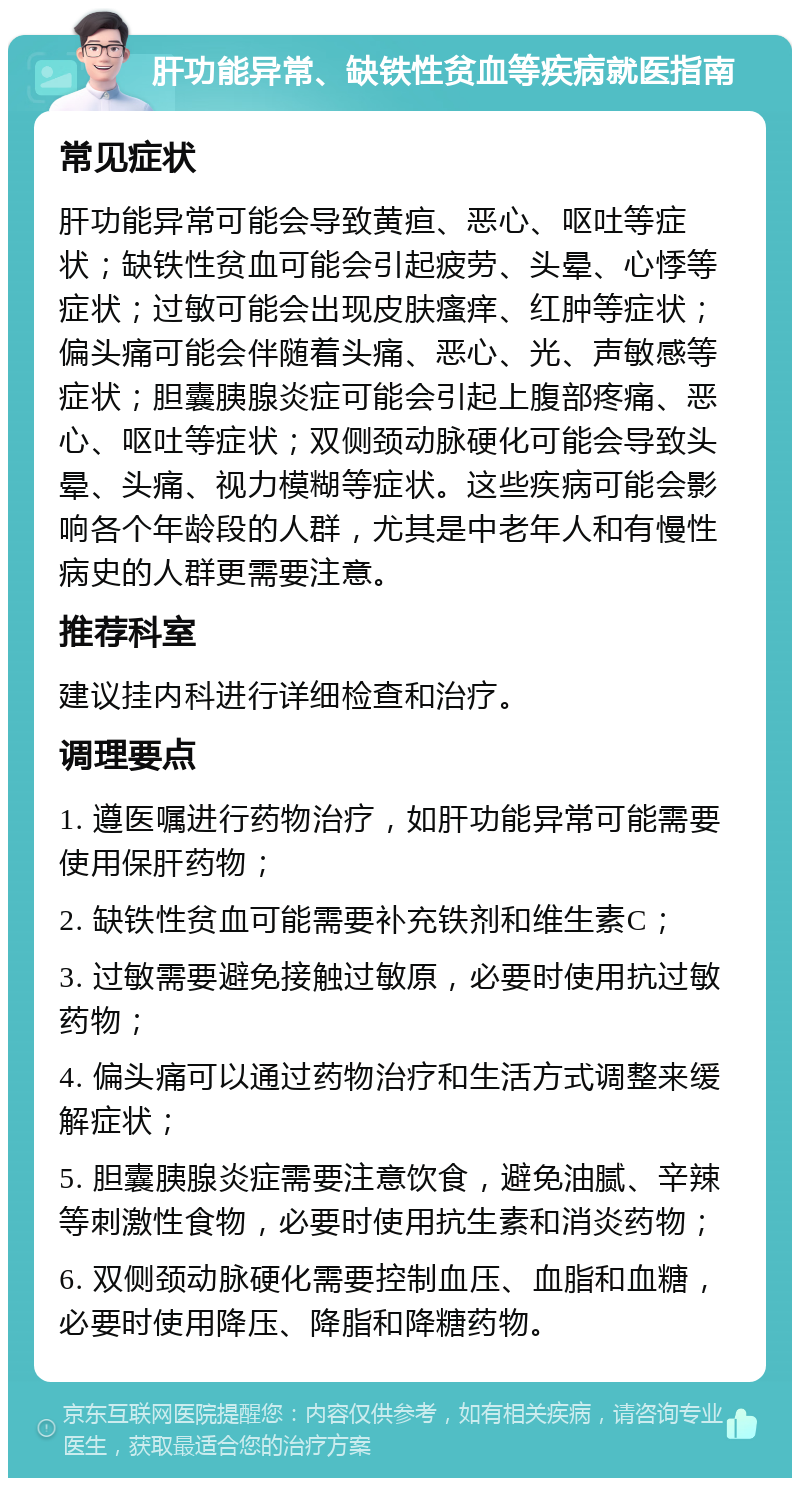 肝功能异常、缺铁性贫血等疾病就医指南 常见症状 肝功能异常可能会导致黄疸、恶心、呕吐等症状；缺铁性贫血可能会引起疲劳、头晕、心悸等症状；过敏可能会出现皮肤瘙痒、红肿等症状；偏头痛可能会伴随着头痛、恶心、光、声敏感等症状；胆囊胰腺炎症可能会引起上腹部疼痛、恶心、呕吐等症状；双侧颈动脉硬化可能会导致头晕、头痛、视力模糊等症状。这些疾病可能会影响各个年龄段的人群，尤其是中老年人和有慢性病史的人群更需要注意。 推荐科室 建议挂内科进行详细检查和治疗。 调理要点 1. 遵医嘱进行药物治疗，如肝功能异常可能需要使用保肝药物； 2. 缺铁性贫血可能需要补充铁剂和维生素C； 3. 过敏需要避免接触过敏原，必要时使用抗过敏药物； 4. 偏头痛可以通过药物治疗和生活方式调整来缓解症状； 5. 胆囊胰腺炎症需要注意饮食，避免油腻、辛辣等刺激性食物，必要时使用抗生素和消炎药物； 6. 双侧颈动脉硬化需要控制血压、血脂和血糖，必要时使用降压、降脂和降糖药物。