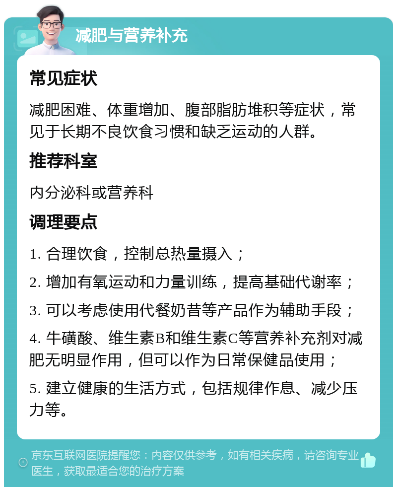 减肥与营养补充 常见症状 减肥困难、体重增加、腹部脂肪堆积等症状，常见于长期不良饮食习惯和缺乏运动的人群。 推荐科室 内分泌科或营养科 调理要点 1. 合理饮食，控制总热量摄入； 2. 增加有氧运动和力量训练，提高基础代谢率； 3. 可以考虑使用代餐奶昔等产品作为辅助手段； 4. 牛磺酸、维生素B和维生素C等营养补充剂对减肥无明显作用，但可以作为日常保健品使用； 5. 建立健康的生活方式，包括规律作息、减少压力等。