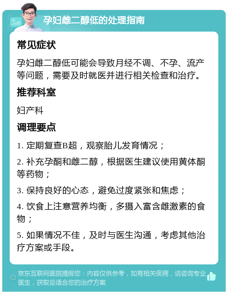 孕妇雌二醇低的处理指南 常见症状 孕妇雌二醇低可能会导致月经不调、不孕、流产等问题，需要及时就医并进行相关检查和治疗。 推荐科室 妇产科 调理要点 1. 定期复查B超，观察胎儿发育情况； 2. 补充孕酮和雌二醇，根据医生建议使用黄体酮等药物； 3. 保持良好的心态，避免过度紧张和焦虑； 4. 饮食上注意营养均衡，多摄入富含雌激素的食物； 5. 如果情况不佳，及时与医生沟通，考虑其他治疗方案或手段。